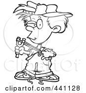 Royalty Free RF Clip Art Illustration Of A Cartoon Black And White Outline Design Of A Boy Using A Slingshot