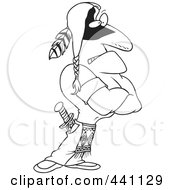 Cartoon Black And White Outline Design Of A Strong Native American Brave