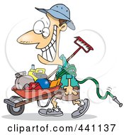 Poster, Art Print Of Cartoon Happy Borrower Pushing A Wheelbarrow