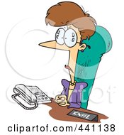 Poster, Art Print Of Cartoon Businesswoman Sitting At Her Desk With A Kneel Sign