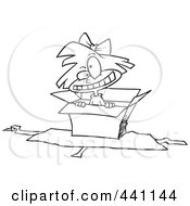 Royalty Free RF Clip Art Illustration Of A Cartoon Black And White Outline Design Of A Girl Popping Out Of A Gift Box