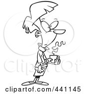 Royalty Free RF Clip Art Illustration Of A Cartoon Black And White Outline Design Of A Woman Holding Coffee On Her Break