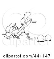 Poster, Art Print Of Cartoon Black And White Outline Design Of A Mother And Daughter Bowling