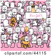 Clipart Illustration Of A Crowd Of Stick People Celebrating The Birth Of A Girl