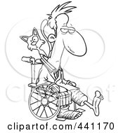 Royalty Free RF Clip Art Illustration Of A Cartoon Black And White Outline Design Of A Cat Behind A Man With Broken Limbs In A Wheelchair by toonaday