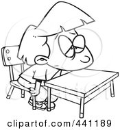 Poster, Art Print Of Cartoon Black And White Outline Design Of A Bored School Girl At Her Desk