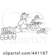 Royalty Free RF Clip Art Illustration Of A Cartoon Black And White Outline Design Of A Man Stuck To His Bowling Ball by toonaday