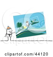 Stick Man Wearing A Cap And Holding A Picture Of Him Holding A Picture In A Winter Landscape