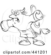 Cartoon Black And White Outline Design Of A Boxing Bull