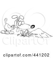 Poster, Art Print Of Cartoon Black And White Outline Design Of A Dog By A Buried Person