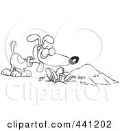Royalty Free RF Clip Art Illustration Of A Cartoon Black And White Outline Design Of A Dog By A Buried Person