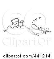 Poster, Art Print Of Cartoon Black And White Outline Design Of A Snoozing Man Buried In The Sand On A Beach