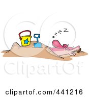 Cartoon Snoozing Man Buried In The Sand On A Beach