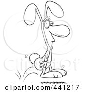 Poster, Art Print Of Cartoon Black And White Outline Design Of A Man Hopping In A Bunny Suit