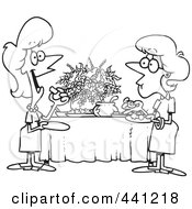 Poster, Art Print Of Cartoon Black And White Outline Design Of Ladies Talking And Eating At A Buffet