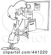 Poster, Art Print Of Cartoon Black And White Outline Design Of A Woman Posting A Volunteers Needed Sign On A Bulletin Board