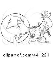 Royalty Free RF Clip Art Illustration Of A Cartoon Black And White Outline Design Of A Businessman Pulling Earth