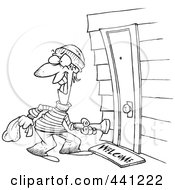 Royalty Free RF Clip Art Illustration Of A Cartoon Black And White Outline Design Of A Burglar At A Door