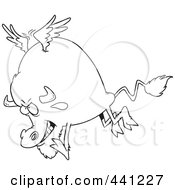 Cartoon Black And White Outline Design Of A Buffalo With Wings