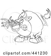 Cartoon Black And White Outline Design Of A Bull With Torn Fabric On His Horn