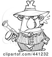 Royalty Free RF Clip Art Illustration Of A Cartoon Black And White Outline Design Of A Gangster Holding A Gun And Smoking A Cigar by toonaday