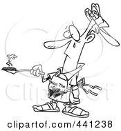Royalty Free RF Clip Art Illustration Of A Cartoon Black And White Outline Design Of A Sad Man Holding A Burnt Burger