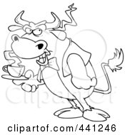 Poster, Art Print Of Cartoon Black And White Outline Design Of A Bull Waiter Serving Coffee
