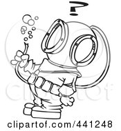 Poster, Art Print Of Cartoon Black And White Outline Design Of A Diver Looking At A Hose With Bubbles