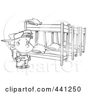 Royalty Free RF Clip Art Illustration Of A Cartoon Black And White Outline Design Of A Summer Camp Boy Looking At Bunk Beds by toonaday