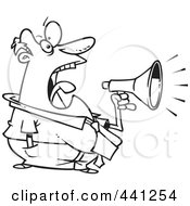 Poster, Art Print Of Cartoon Black And White Outline Design Of A Businessman Screaming Through A Bullhorn