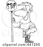 Cartoon Black And White Outline Design Of A Buff Man Leaning Against A Stop Sign