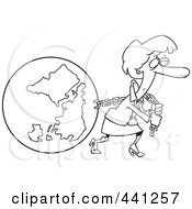 Royalty Free RF Clip Art Illustration Of A Cartoon Black And White Outline Design Of A Businesswoman Pulling Earth