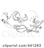 Royalty Free RF Clip Art Illustration Of A Cartoon Black And White Outline Design Of A Man Running From A Bull