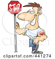 Royalty Free RF Clip Art Illustration Of A Cartoon Buff Man Leaning Against A Stop Sign by toonaday