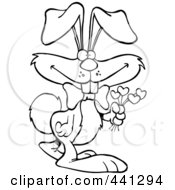 Royalty Free RF Clip Art Illustration Of A Cartoon Black And White Outline Design Of A Romantic Rabbit Holding Flowers