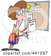 Cartoon Woman Posting A Volunteers Needed Sign On A Bulletin Board