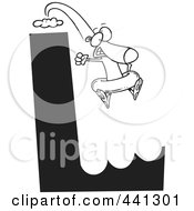 Poster, Art Print Of Cartoon Black And White Outline Design Of A Dog Leaping Off Of An L Cliff With An Inner Tube