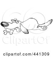 Royalty Free RF Clip Art Illustration Of A Cartoon Black And White Outline Design Of A Lab Dog Resting By His Bone