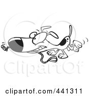 Royalty Free RF Clip Art Illustration Of A Cartoon Black And White Outline Design Of A Happy Dog Carrying A Leash
