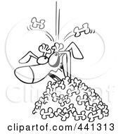 Poster, Art Print Of Cartoon Black And White Outline Design Of A Dog Being Buried In A Bone Landslide