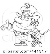 Poster, Art Print Of Cartoon Black And White Outline Design Of A Presenting Leprechaun