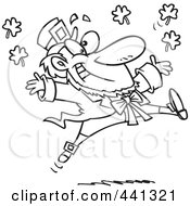 Royalty Free RF Clip Art Illustration Of A Cartoon Black And White Outline Design Of A Leaping Leprechaun