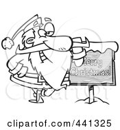 Royalty Free RF Clip Art Illustration Of A Cartoon Black And White Outline Design Of Santa Leaning Against A Merry Christmas Sign