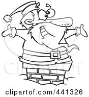 Poster, Art Print Of Cartoon Black And White Outline Design Of Santa Smiling In A Chimney