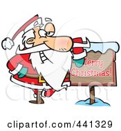 Poster, Art Print Of Cartoon Santa Leaning Against A Merry Christmas Sign