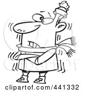 Royalty Free RF Clip Art Illustration Of A Cartoon Black And White Outline Design Of A Cold Man Shivering