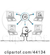 Clipart Illustration Of A Happy Stick Businessman Communicating With Colleagues On Networked Laptops by NL shop #COLLC44134-0109