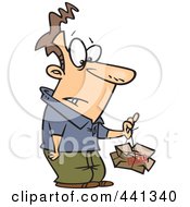 Royalty Free RF Clip Art Illustration Of A Cartoon Man Lifting A Crushed Fragile Parcel by toonaday