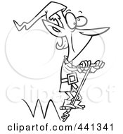 Cartoon Black And White Outline Design Of A Christmas Elf Hopping On A Pogo Stick