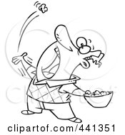 Poster, Art Print Of Cartoon Black And White Outline Design Of A Man Skillfully Tossing Popcorn Into His Mouth
